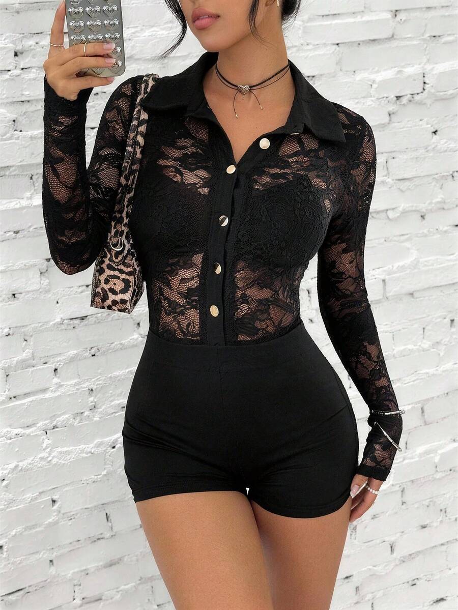 Chiquease Women's Y2K Minimalist Sexy Cute Shirt Collar Long-Sleeved Shawl Faux Two-Piece Set Black Lace Hippie Style See-Through Jumpsuit, Commuter-Friendly, Fashionable And Versatile, Suitable For All Seasons, From Spring To Summer, Women's Valentine's Day Outfit, Women's Carnival Attire, Wedding And Event Wear, Women's Vacation Wear, Black Tight-Fitting Jumpsuitgraduation Season Attire, Fashionable Casual Commuter Wear, Business Office Wear, Versatile And Stylish Everyday Casual Wear, Urban Teacher's Professional Attire - Black - View 1