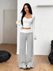 SHEIN PETITE Trang phục mùa hè và phong cách đường phố mùa hè dành cho nữ, đi chơi, thường ngày, đi học, phong cách vintage, quần dài trắng ống loe màu xám Pháp, kiểu dáng Y2K, quần áo Y2K, trang phục nghỉ hè. - Xám - Xem 5