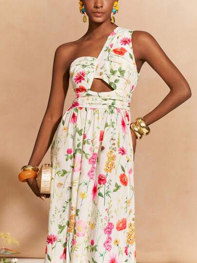 Zivah 2026 Spring/Summer New Wedding Season One Shoulder Ruched Waist Cutout Tiered Ruched Slit Ditsy Floral Fitted A-Line Dress, Brown Romantic Dress, Spring/Summer Wedding Dress, Sexy Dress For Women