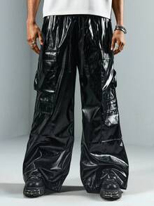 ROMWE MEN Street Life Men's Drawstring Waist Cargo Pocket Wide Leg Loose Shiny Sweatpants - Black - View 1