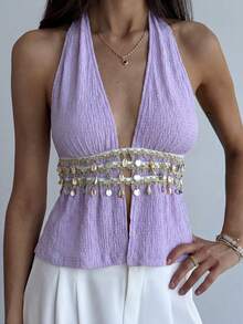 Aloruh 女士性感露背吊带背心，饰有贝壳边和腰部拼接设计 - 紫羅蘭色 - 查看 3