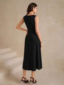 Amorya Đầm chữ A không tay, màu trơn, xếp ly phía trước - màu đen - Xem 2