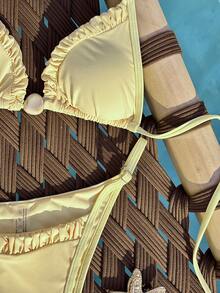 Swim Mod Light Yellow Stone Accent Tie-Front 2 Pieces Bikini Set - Light Yellow - View 8