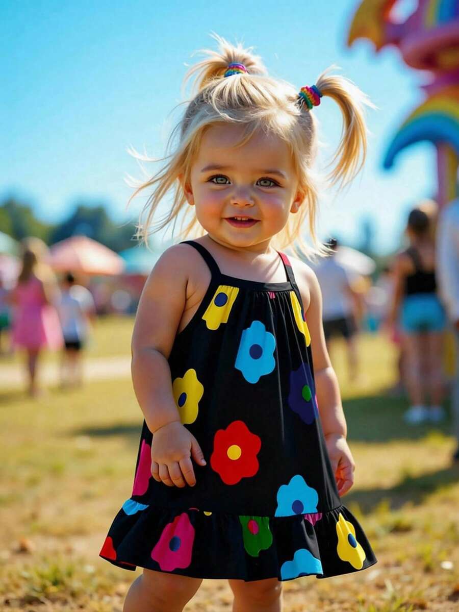 SHEIN Playful Pals 女婴休闲可爱多色条纹印花梭织连衣裙，夏季 - 黑色 - 查看 1