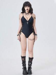 ROMWE Women's Sexy European And American Music Festival Party Bold And Avant-Garde Outdoor Gothic Punk Apocalyptic Style Basic Versatile Solid Color Thin Strap Deep V-Neck Metal Cross Pendant Decorated Side Criss-Cross Tie-Up Waist Cutout Backless One-Piece Swimsuit, Slimming Design, Suitable For Beaches, Seaside, Autumn Swimwear, And Also Suitable For Spring Break Music Festivals. Swimming Goth One Piece Swimsuit Curve Swimsuits Gothic SwimwearFigure-Hugging Swimwear, Gothic-Style Swimwear. Goth Swimsuit Emo Bathing Suit Lace-Up Swimsuit Goth Bathing Suit - Black - View 7