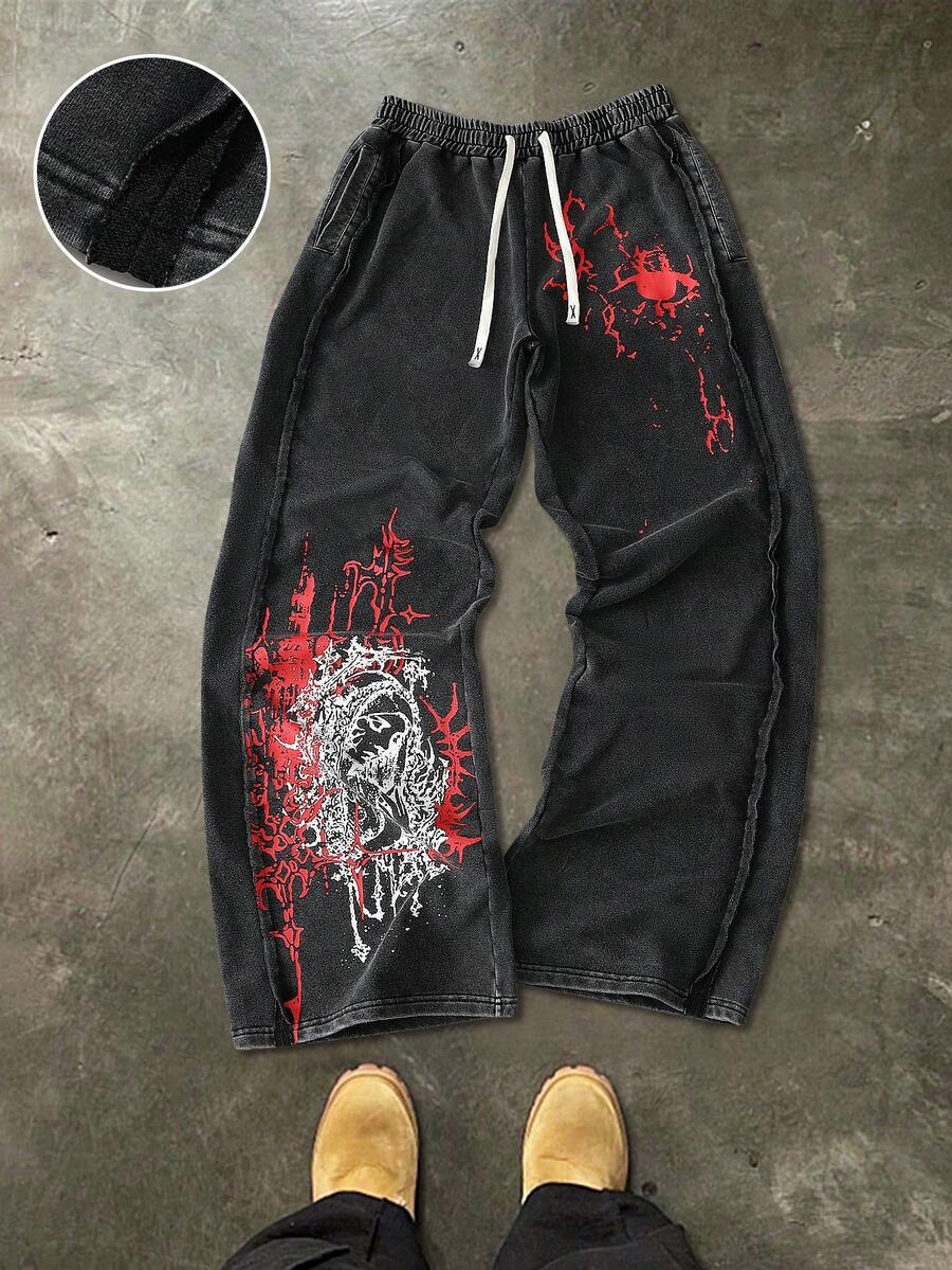 Manfinity EMRG 男士深灰色街頭風寬腿褲,棉質藝術文字印花鬆緊腰運動長褲,復古成衣水洗,秋季城市度假饒舌風 - 黑色 - 查看 1