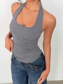 Almamuse 亲肤U领吊带露脐上衣，复古性感修身露背瑜伽背心，春夏新款女士无袖弹力紧身吊带上衣，美式性感吊带大水滴领背心，可叠穿或外穿，黑色 - 灰色 - 查看 4