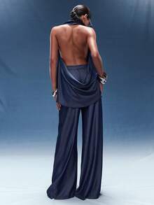 Normani 两件套：翻领深V领露背上衣和阔腿裤 - 藍色 - 查看 2