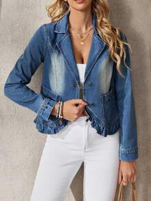 EMERY ROSE Women's Casual Vacation & Commute Lapel Collar Ruffle Hem Denim Jacket, Spring/Autumn - Blue - View 4