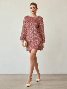 MOTF PREMIUM WOMEN'S ROUND NECK SEQUIN MINI DRESS, AUTUMN/WINTER - Dusty Pink - View 5