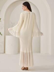 Veilorie Women's Elegant Minimalist Solid Color Textured Flare Sleeve Arabic Style Dress, Autumn - Apricot - View 4