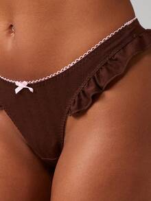 MISSGUIDED 罗纹镂空文胸和丁字裤内衣套装，饰有撞色滚边细节 - 棕色 - 查看 5