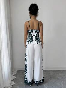 Rafferiza Women's Summer Beach Vacation Floral Print Fitted Camisole And Wide Leg Pants 2 Pieces Set - Green - View 2