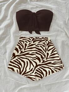 Soleia Set de 2 piezas con top bandeau de unicolor y shorts con estampado total para mujer - Multicolor - Ver 6