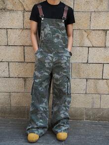 Manfinity EMRG Men's Fashion Camouflage Loose Casual Jumpsuit Bib Pants - Army Green - View 8