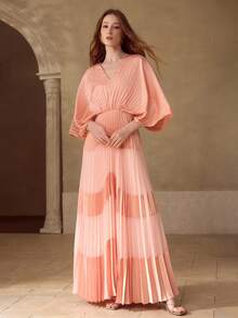 MOTF PREMIUM WOMEN'S ROMANTIC ELEGANT BATWING SLEEVE PLEATED DRESS, SPRING/SUMMER - Pink - View 5