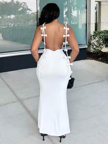 Alexandranx White Wedding Season Spaghetti Strap Floral Print Form-Fitting Backless Dress For Women,Summer Dresses For Women,White Dresses For Women - White - View 2