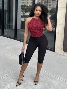 Alexandranx Women's Elegant Romantic Holiday Top Birthday Valentine's Day Music Festival Concert Ancora Red Camisole Top Burgundy Rose Flower Halter Neck Strap Top,Graduation,Teacher Outfits For Women,Back To School - Burgundy - View 3