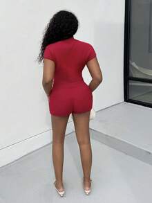 Alexandranx 女式蝴蝶结图案圆领红色仿貂短袖针织上衣和针织短裤套装，秋冬 - 紅色 - 查看 2