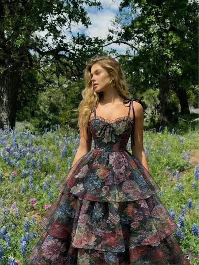 SHEIN MOD 复古黑色全身印花华丽连衣裙，配有可拆卸多条裙摆 - 宫廷风、生日礼服、邮轮礼服、叠穿连衣裙