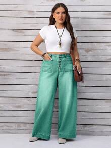 EMERY ROSE Plus Size Women Loose Casual Denim Wide Leg Jeans With Button Front Pockets - Green - View 6