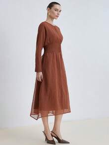 Aveloria Modichic Fashionable Design Sense Versatile Casual Commute Cinched Waist Solid Color Long Sleeve Dress - Coffee - View 6