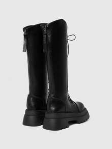 ROMWE Grunge Punk Women's Thick Sole Riding Boots, 2025 Autumn New Fashion Dark Gothic PU Round Toe High Shaft Lace-Up Slim Fit Over-The-Knee Boots, Versatile Dress Boots - Black - View 5