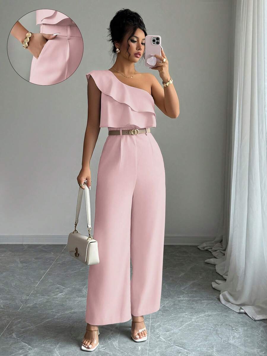 Elenzga Women's Casual Jumpsuit With Ruffled Shoulder, Loose Fit For Beach, Office, Party, Suitable For Spring/Summer - Pink - View 1