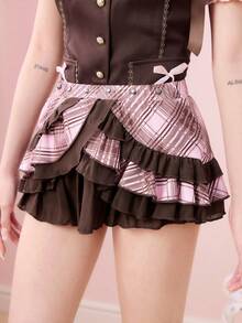 ROMWE Kawaii Cute Sweet Pink Plaid Patchwork Lace Trim Cake Skirt For Women - Multicolor - View 5