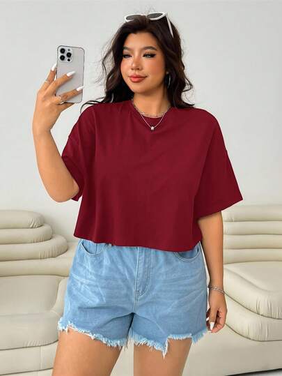 SHEIN EZwear Plus Size Women's Burgundy Round Neck Short Sleeve Casual Versatile T-Shirt