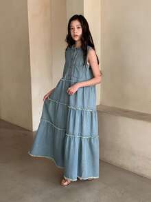 DAZY Vestido de patinadora vaquero con cuello Mao y botones, conjunto de moda para citas de verano para adolescentes - Lavado ligero - Ver 3