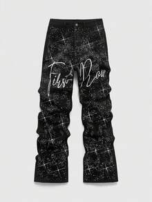 ROMWE MEN Men's Fashion Street Nightclub Party Rhinestone Letter Embroidery Loose Flared Jeans - Black - View 1