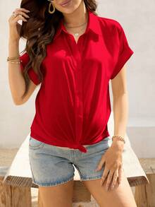SHEIN Maternity Solid Color Front Button Casual Versatile Short Sleeve Shirt - Red - View 5