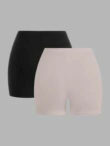 SHEIN EZwear 2件套 女士休闲针织紧身短裤，夏季弹力短裤，女士弹力短裤 - 彩色 - 查看 2