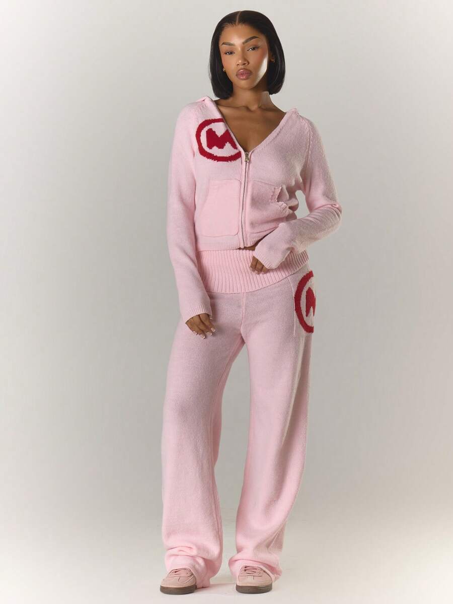 MUSERA 罗纹翻折腰带扣细节修身喇叭马海毛针织裤套装（仅下装）冬季酷女孩舒适可爱户外探险春季情人节 - 粉色 - 查看 1