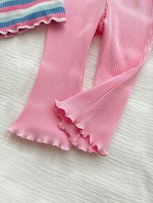 SHEIN 女婴可爱夏季休闲百搭针织彩色条纹短袖上衣和松紧腰裤套装 - 粉色 - 查看 5