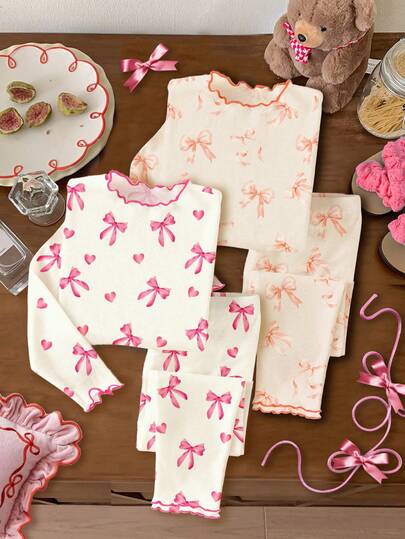 Tween Girls' Casual Cute Ballet Style Pink Bow & Heart Print Pajama Set, Suitable For All Seasons, Summer, Autumn/Winter