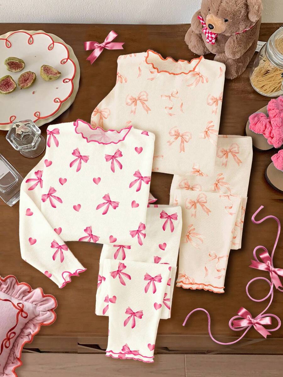 Tween Girls' Casual Cute Ballet Style Pink Bow & Heart Print Pajama Set, Suitable For All Seasons, Summer, Autumn/Winter - Multicolor - View 1