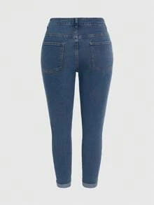 ROMWE Fairycore 大码女式深色蘑菇植物刺绣卷边七分牛仔裤 - 中等水洗藍 - 查看 8