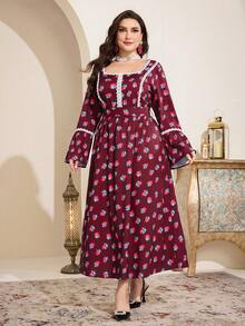 Al Najma Plus Size Women Floral Print Square Neck Flare Sleeve Elegant Arabic Style Dress - Burgundy - View 5