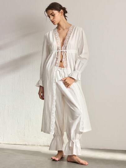 Ocili Women's Contrast Lace Flare Sleeve Robe And Long Pants Elegant Pajama Set