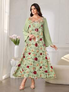 Al Najma Women's Elegant Colorful Embroidered Arabic Style Maxi Tie-Waist Dress - Green - View 7