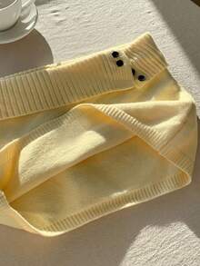 Comfortcana 女士纯色针织罗纹休闲百搭毛衣裙，韩版秋冬款 - 鵝黃色 - 查看 4