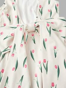 SHEIN MOD 粉色郁金香印花梦幻浪漫长裙，露背设计，后背系带蝴蝶结——适合花园茶会、约会、派对、女士春夏连衣裙、沙滩装、春假、度假、野餐、节日、生日等场合。 - 彩色 - 查看 4