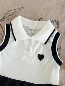 SHEIN Gaun Bayi Perempuan Musim Panas Kasual Tanpa Lengan Gaya Preppy dengan Blok Warna - Biru - View 5