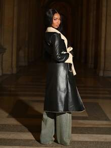 Mima John 女士休闲撞色装饰长袖口袋蓬松拼接夹克女款保暖秋冬装 - 黑色 - 查看 3