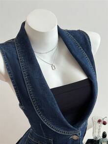 Elamini Women's Casual Sleeveless Denim Jacket, Summer - Dark Wash - View 4