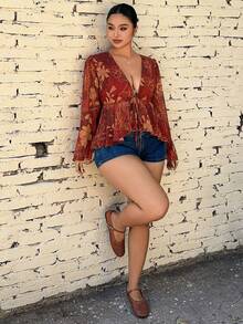 Dazy Plus Plus Size Floral Print Deep V-Neck Chiffon Cropped Tie-Front Long Sleeve Flare Sleeve Vacation Style Shirt, Red Boho - Red - View 6