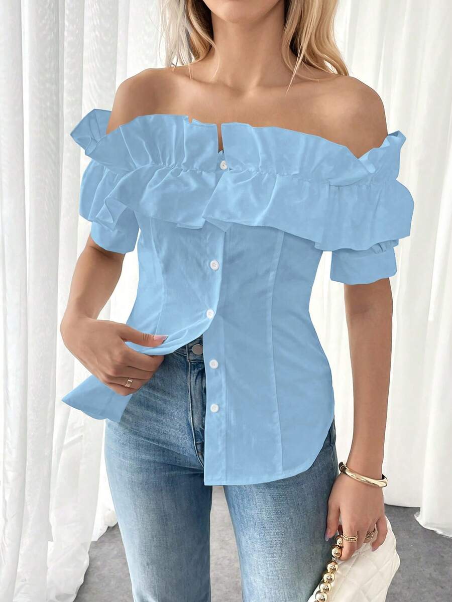 Almamuse Women's Solid Color Single-Breasted Off Shoulder Ruffle Blouse - Blue - View 1