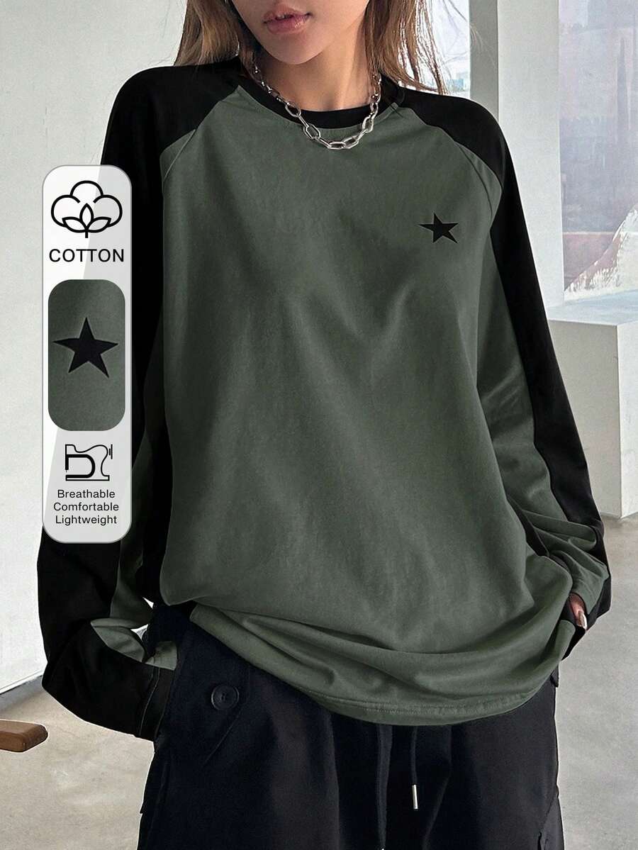 DAZY Color Block Short Sleeve Tee With Star Print And Raglan Sleeves Y2k,Fall Clothes Long Sleeve Women Tops - Army Green - View 1